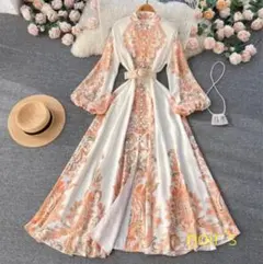 セール‼️春ワンピース♥ロングワンピース 花柄 パーティー ドレス L ベルト付