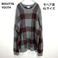 BEAUTY&YOUTH モヘヤ混 チェックシャギーニット XL オーバーサイズ