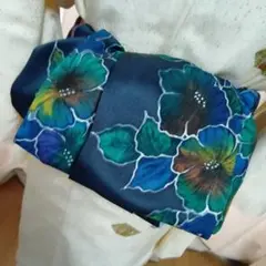 長尺大人の兵児帯半幅帯ハンドメイド澪No2681着物リメイク正絹瑠璃色花柄