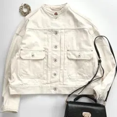 スピックアンドスパン デニム ジャケット ノーカラー 白 Gジャン ショート