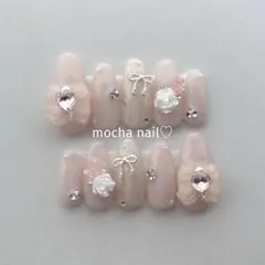 ネイルチップ バレリーナ ワンホン フレンチガーリー リボン ハート 韓国