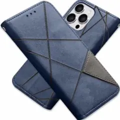 ホ13-117 ネイビー手帳型iPhoneケース TPUレザー