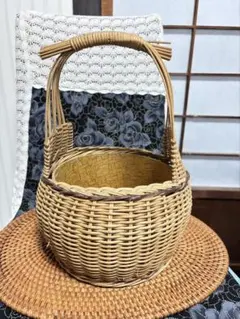 竹製 円形バスケット 固定式ハンドル