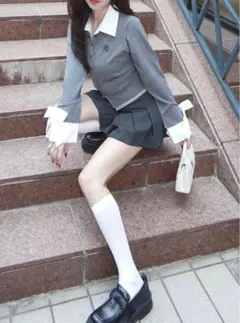 GRL 襟付き袖リボンロゴ刺繍ニットトップス 【fs29】 グレー