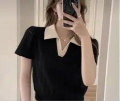 【SHEIN】半袖 黒色 Vネック セーター Mのサムネイル