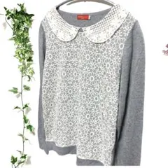 アースミュージック＆エコロジー【Ｍ】グレー　レース　丸襟　着回し　お洒落　デート