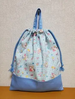 持ち手付き巾着袋 上靴入れ お道具袋 ギンガムチェックユニコーン そら