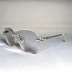 【貴重】高級メガネ　縁なし天然エメラルド装飾オーバル型メガネ