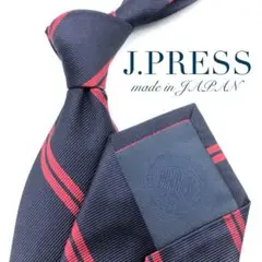 【美品】J.PRESS ネクタイ ストライプ やや厚め ネイビー レッド 人気柄