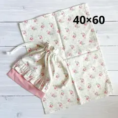 赤花柄×ピンク　給食袋　ランチョンマット　40×60 入園入学セットグッズ