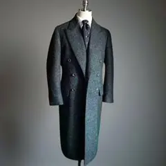 メンズ ダブルチェスターコート／ヘリンボーンウールライク ロングコート
