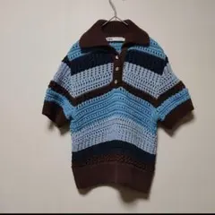 【ZARA／ザラ】 半袖 ニット　ポロシャツ風　透かし編み　カギ編み　ブルー
