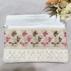 [13]ピンク　花柄 インド刺繍リボン ハンドメイド ポーチ　小物入れ