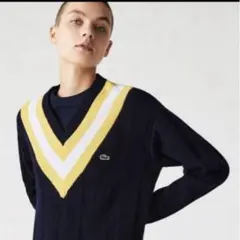 ラコステ　エシカルウール　Vネックチルデンセーター　紺　黄色　　36 M