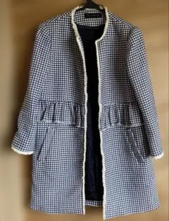 ZARA WOMAN ノーカラーコート L ネイビー・ホワイト　Lサイズ