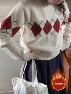 アーガイルチェック ニットトップス アイボリー系 秋冬 ガーリー　韓国風