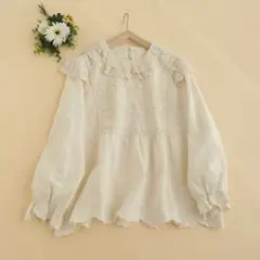 刺繍レースホアイボリー綿コットン長袖シャツブラウス