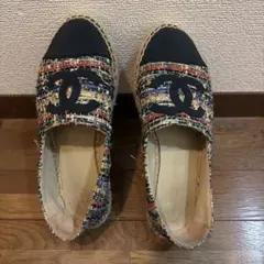 シャネル ココマークロゴツイードエスパドリーユ ネイビー×ブラック