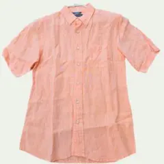 フレンチリネン100% 半袖シャツ オレンジ メンズM リネンシャツ 夏 麻