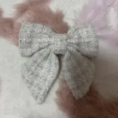 ラメツイード リボンヘアクリップ ホワイト リボンバレッタ 冬 ヘアアクセサリー
