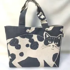 手作り☆保冷保温トートバッグ☆Mサイズ☆黒ドットのねこちゃん☆エチノ 手作り☆保冷保温☆マチ付きトートバッグ☆エチノ☆黒ドットねこちゃん