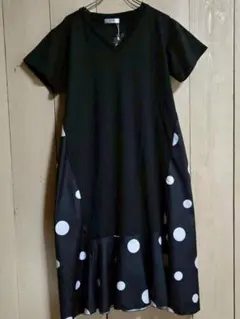 ワンピース ロング 大きい ドッキング お出かけ 半袖 体型カバー ブラック