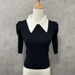美品 リブニット 半袖 パフスリーブ 襟付き ブラック　M