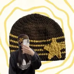 ビーニー　ハンドメイド　ニット帽　クラッシャーハット　かぎ針編み　編み物　星