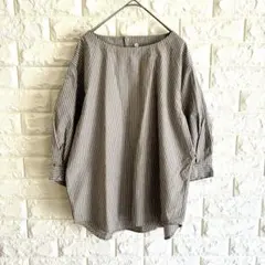 無印良品/ストライプBL/ブラウス/五分袖/コットン/M/グレー