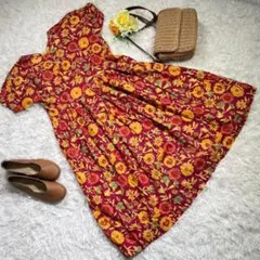 【ハンドメイド】半袖ワンピース　ひまわり　レッド　花　可愛い　薄手　レトロ