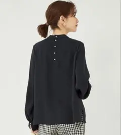 グリーンレーベルリラクシング スタンドネックギャザーブラウス 紺 F 洗える