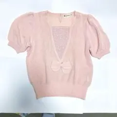 イトキン❤️パフスリーブ半袖 ニット ピンク リボン レース　麻混のサムネイル