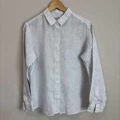 無印良品　リネン100%ストライプシャツ　ブルー