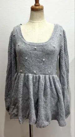 グレー パール装飾 長袖ニット　size M