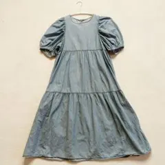 GU ジーユーパフスリーブ　デニムティアードワンピース★S