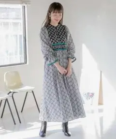 SONNY LABEL MIX プリントコットンヨークワンピース　ブラック×白