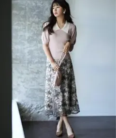 セゾンドパピヨン　パフスリーブ ピンクニットトップス