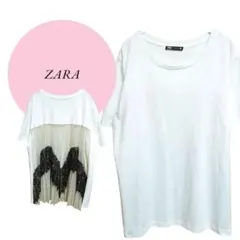 【ザラ】ZARA♡半袖Tシャツ♡体型カバー【Lサイズ】後プリーツ♡黒レース♡白系