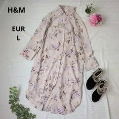 H&M カーフ丈 ピンク フローラルジャカード ウィーブロングシャツ 花柄