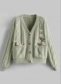 値下げ交渉可　ミントグリーン 花柄刺繍 ニットカーディガン