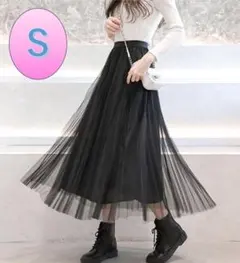 チュールスカート S 黒 プリーツスカート 韓国ファッション ロングスカート