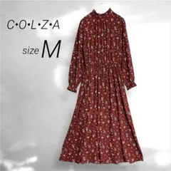 コルザ 花柄 ロングワンピース フリルネック 肩ボタン 長袖 M ハニーズ