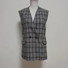 ツイード風チェック柄ジレ M ベスト ポケット付　ぞうねこちゃんねる