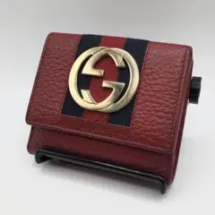 グッチ 二つ折り財布 シェリーライン インターロッキング 金具 レッド レザー