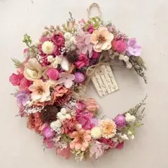 春色ピンク ドライフラワーリース ナチュラルリース 玄関リース 壁飾り ギフト