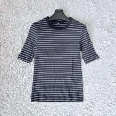 【美品】ユニクロ リブボーダー クルーネックT（五分袖）ネイビー×ホワイト S