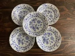D4 ②昭和レトロ 洋食器 プレート 5枚セット 花柄 アイボリー×ブルー