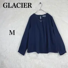 【グラシア】ネイビー 長袖ブラウス パール調 ビーズ装飾 ストライプ M