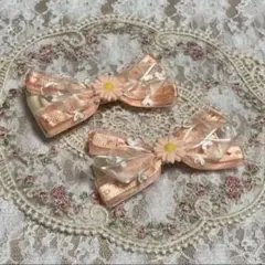 リボンヘアクリップ2個セット オレンジ 花 プレゼント用ラッピング可
