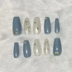 リボンと星のデザイン ネイルチップ